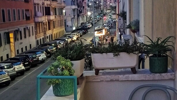 A balcony with a chair, potted plants, and a view of a city street at dusk. - LeChiavidiCasa (Roma)