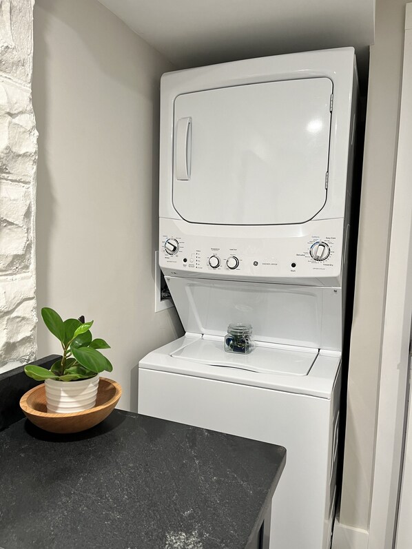Una lavadora compacta de carga frontal, blanca, con un panel de control, una pequeña planta en un cuenco de madera y una encimera negra.