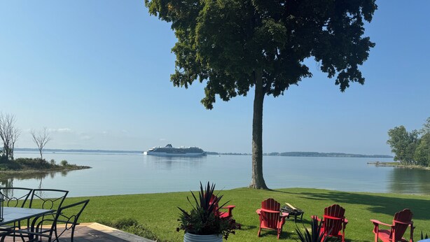 Una terraza con mobiliario exterior, un árbol grande y vistas a un lago tranquilo con un crucero a lo lejos.