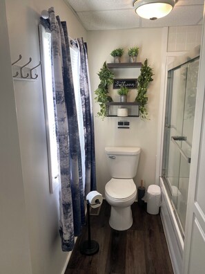 Hair dryer, towels, soap, shampoo