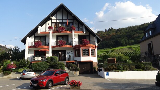 A two-story building with balconies, a parking area, and a vineyard in the background.