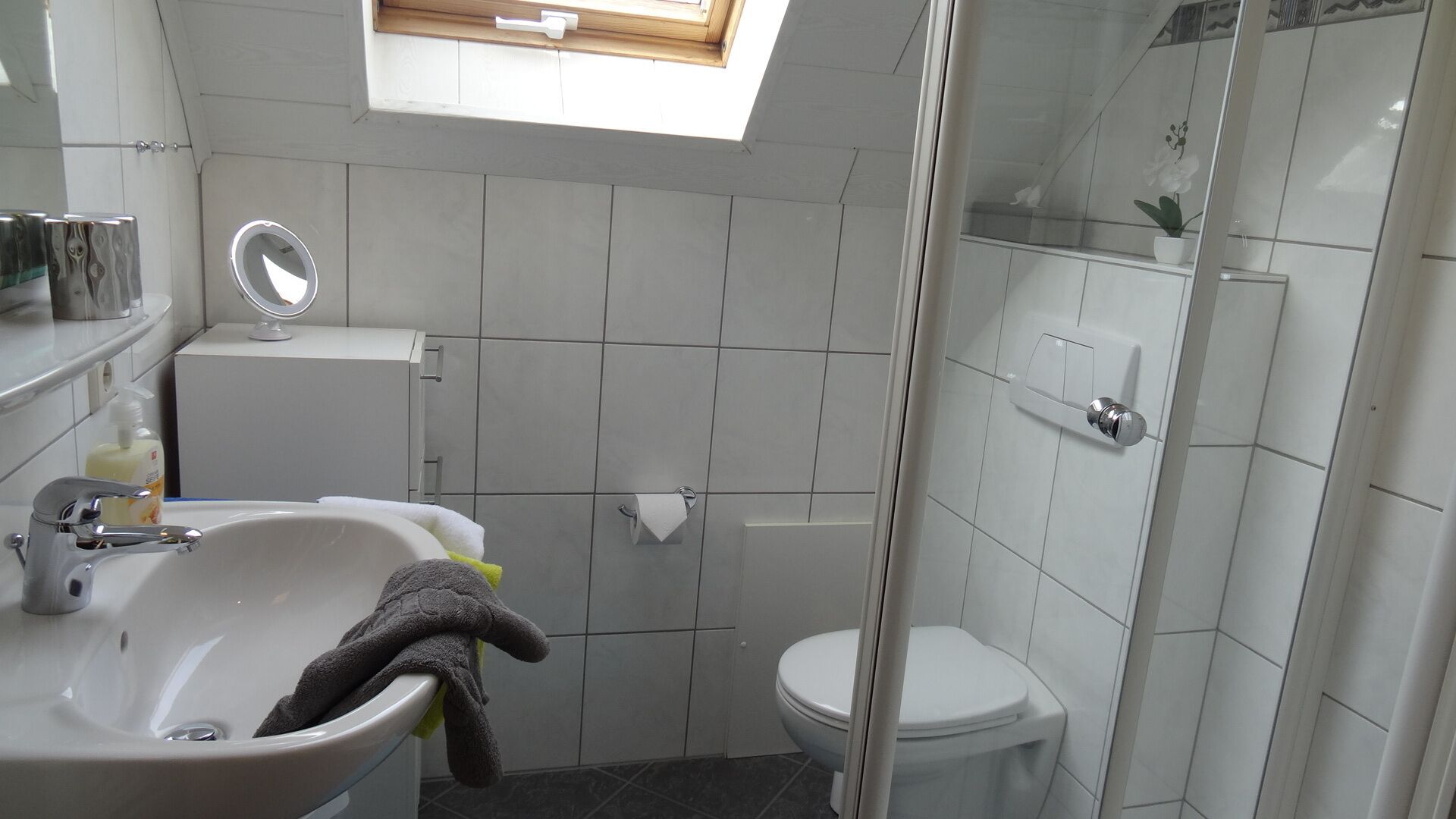 Une salle de bain équipée d’un lavabo, d’un miroir, de toilettes et d’une douche.