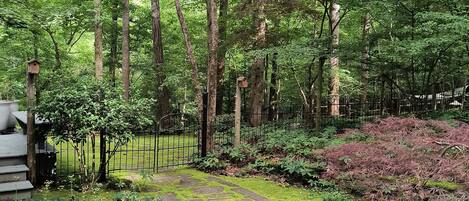 A garden with a stone pathway, lush greenery, and birdhouses.