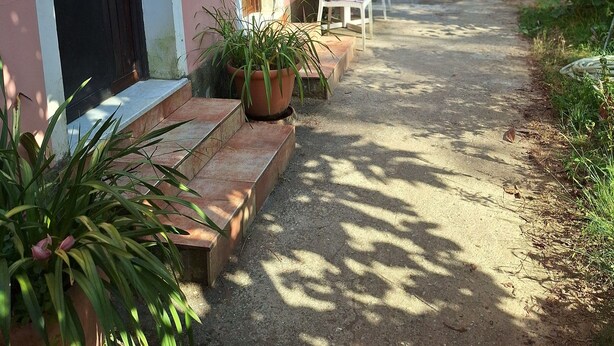 Un edificio rosa con puerta y ventanas, una silla y plantas en macetas al frente.