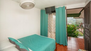 A room with a bed, a ceiling fan, a TV mounted on the wall, and a view of a balcony with plants.