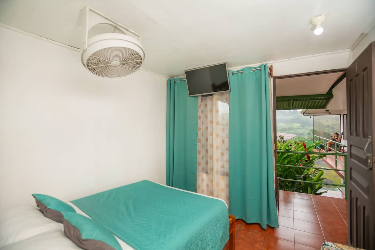 A room with a bed, a ceiling fan, a TV mounted on the wall, and a view of a balcony with plants.