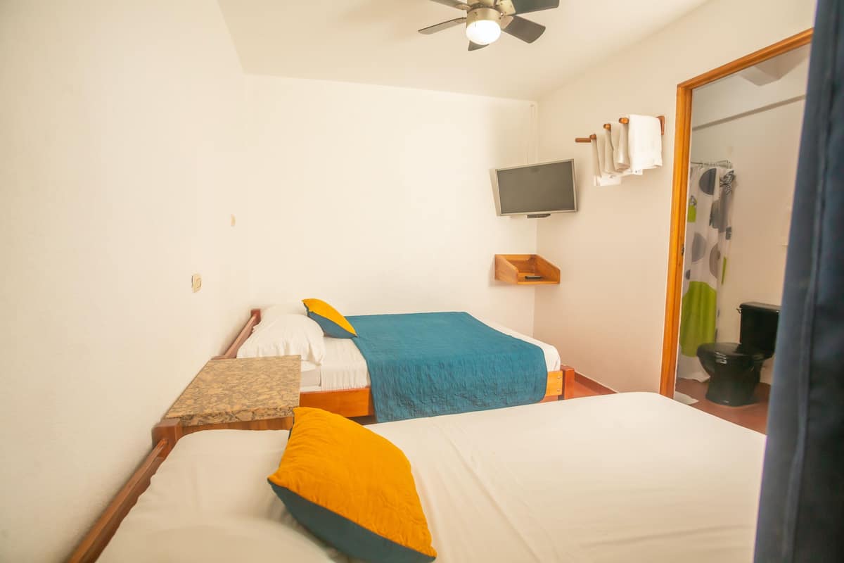 A hotel room with two beds, a television, and a shower area.