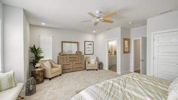 4 dormitorios, tabla de planchar con plancha, cuna de viaje