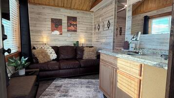 Smart TV, fireplace, books, stereo