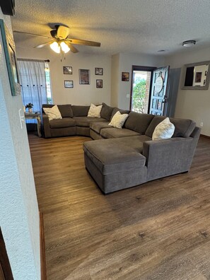 Smart TV, fireplace, books