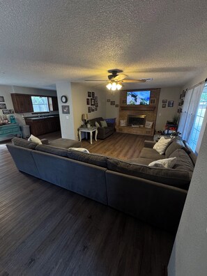 Smart TV, fireplace, books