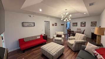 Smart TV, fireplace, DVD player, video library