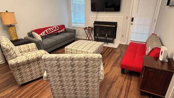 Smart TV, fireplace, DVD player, video library
