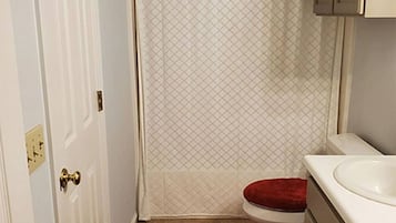 Hair dryer, towels, soap, shampoo