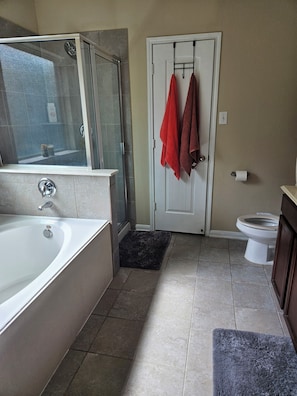 Hair dryer, bidet, towels, soap