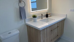 A modern bathroom with a white vanity, a mirror with under-cabinet lighting, a toilet, and a small potted plant.