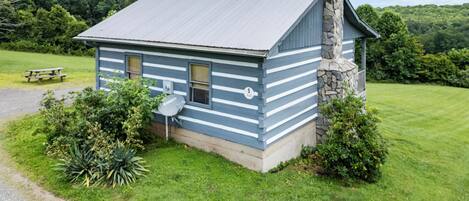 A small, single-story cabin with a metal roof and stone foundation, surrounded by lush greenery and a picnic table.