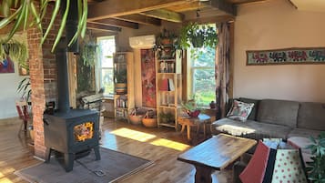 Smart TV, fireplace, books