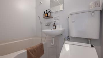 Duschwanne, Haartrockner, Handtücher, Shampoo