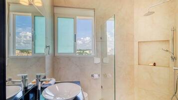 Shower, hair dryer, towels