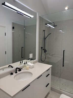 Hair dryer, towels, soap, toilet paper