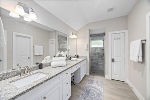 Shower, eco-friendly toiletries, hair dryer, towels