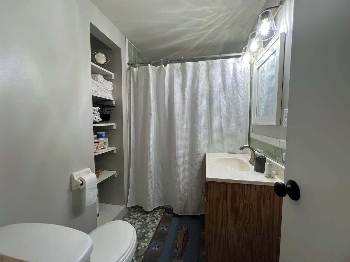 Shower, hair dryer, shampoo