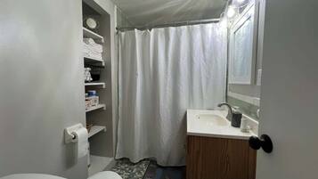 Shower, hair dryer, shampoo