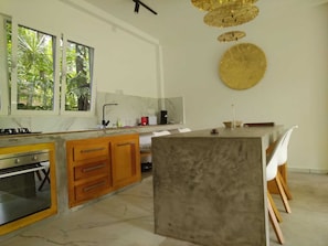 Fridge, oven, stovetop, coffee/tea maker