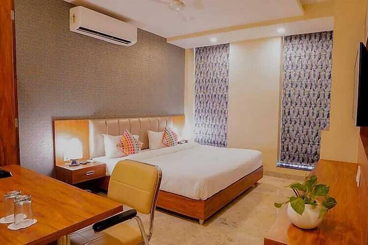 A hotel room with a bed, a desk, a chair, a TV, and a potted plant.