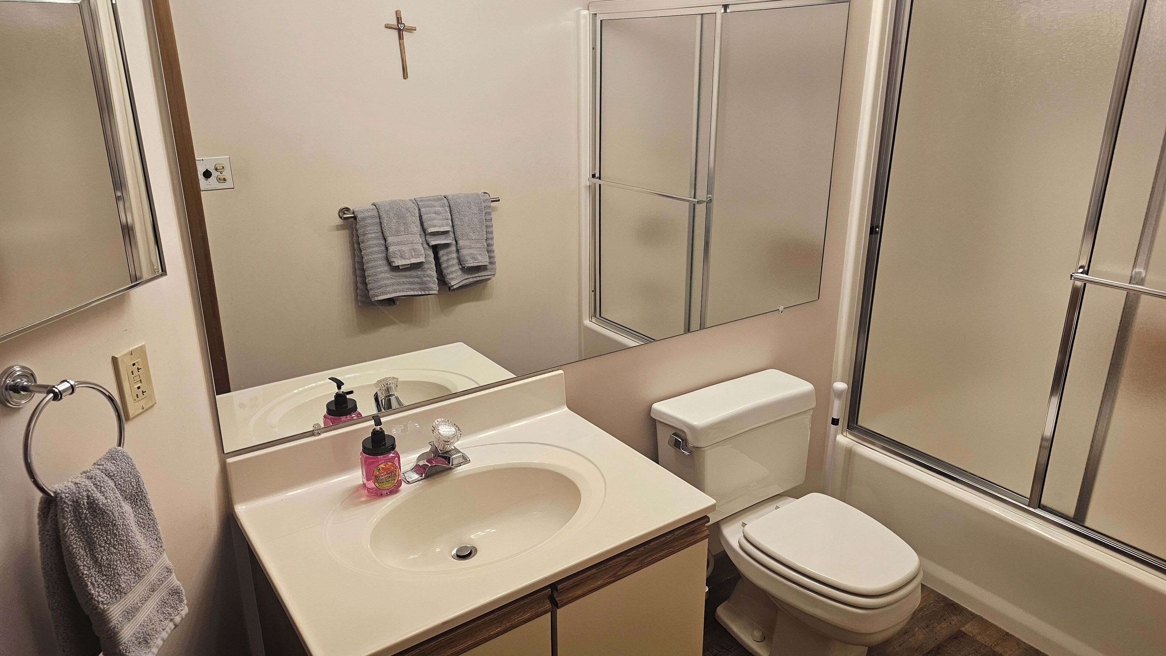 Hair dryer, towels, soap, toilet paper