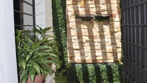 A narrow outdoor corridor with a white wall, a window with a potted plant, a stone wall with greenery, and a black gate. - GARAL House: Rayón 77 (Morelia)