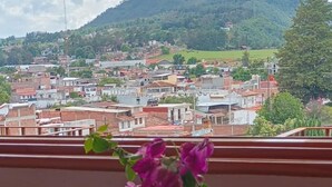 Un balcón con un florero de flores moradas, con vistas a un pueblo y una montaña al fondo.