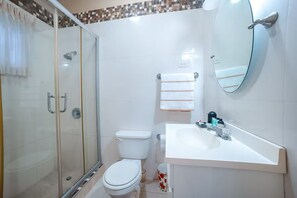 Douche, sèche-cheveux, serviettes fournies, savon