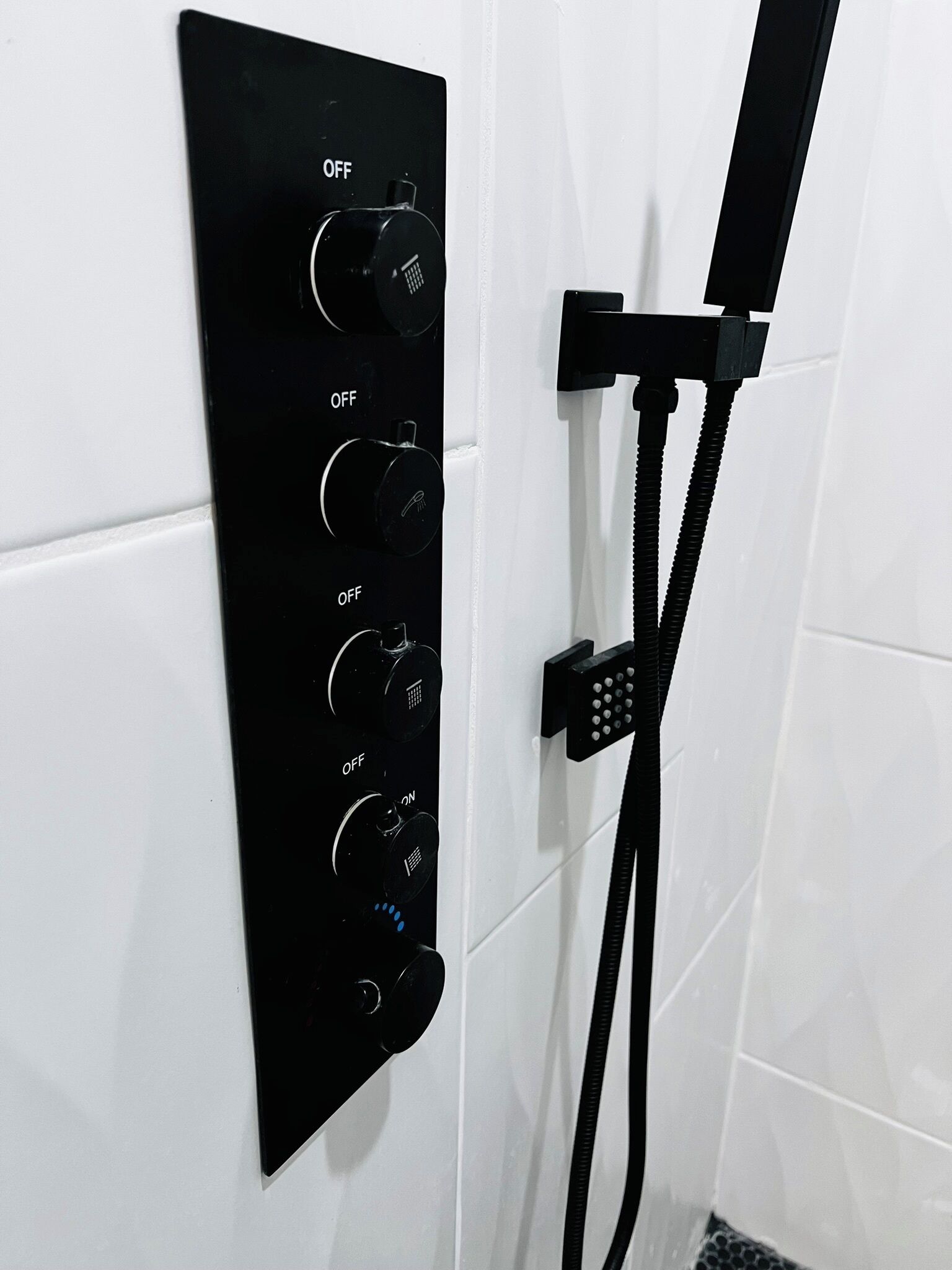 Un panneau de commande doté de plusieurs interrupteurs et d’un pommeau de douche portatif.