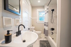 Hair dryer, towels, soap, toilet paper