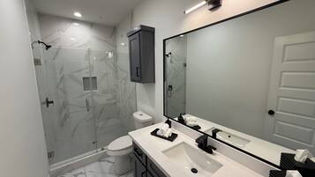 A modern bathroom with a glass-enclosed shower, a toilet, and a vanity with a large mirror.