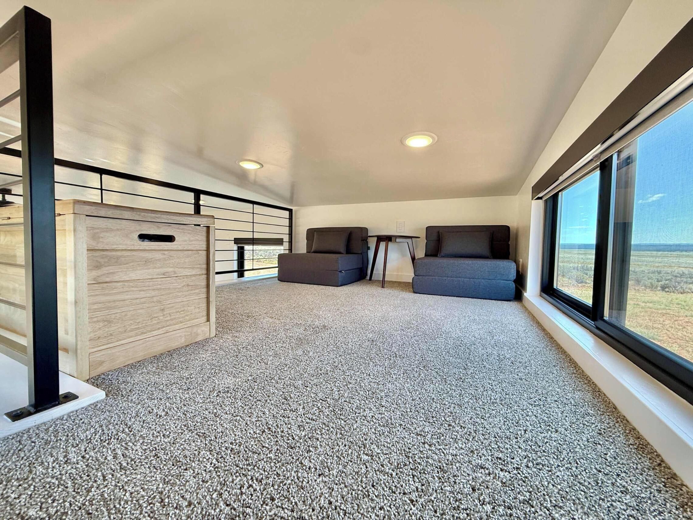 A spacious room with a high ceiling, a large window offering a view, and a carpeted floor.