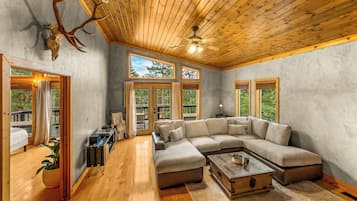 Smart TV, fireplace, books, stereo