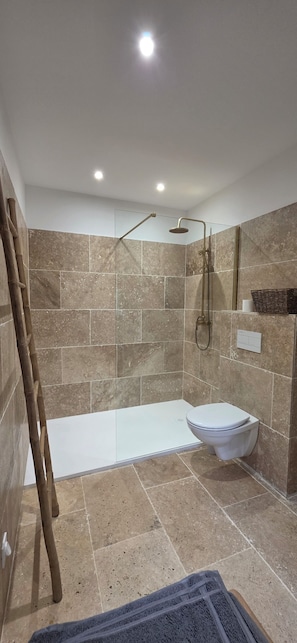 Douche, sèche-cheveux, serviettes fournies, savon