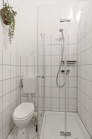 Dusche, Haartrockner, Handtücher, Seife