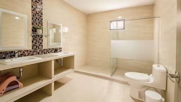 Shower, hair dryer, towels, soap