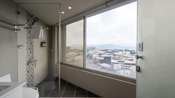 Habitación doble superior | Baño | Ducha, secador de pelo, toallas y champú