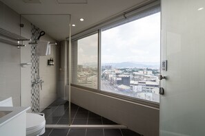 Habitación doble superior | Baño | Ducha, secador de pelo, toallas y champú