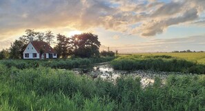 A house with a red roof and white walls, surrounded by greenery and a body of water.