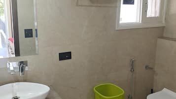 Hair dryer, towels, soap, shampoo