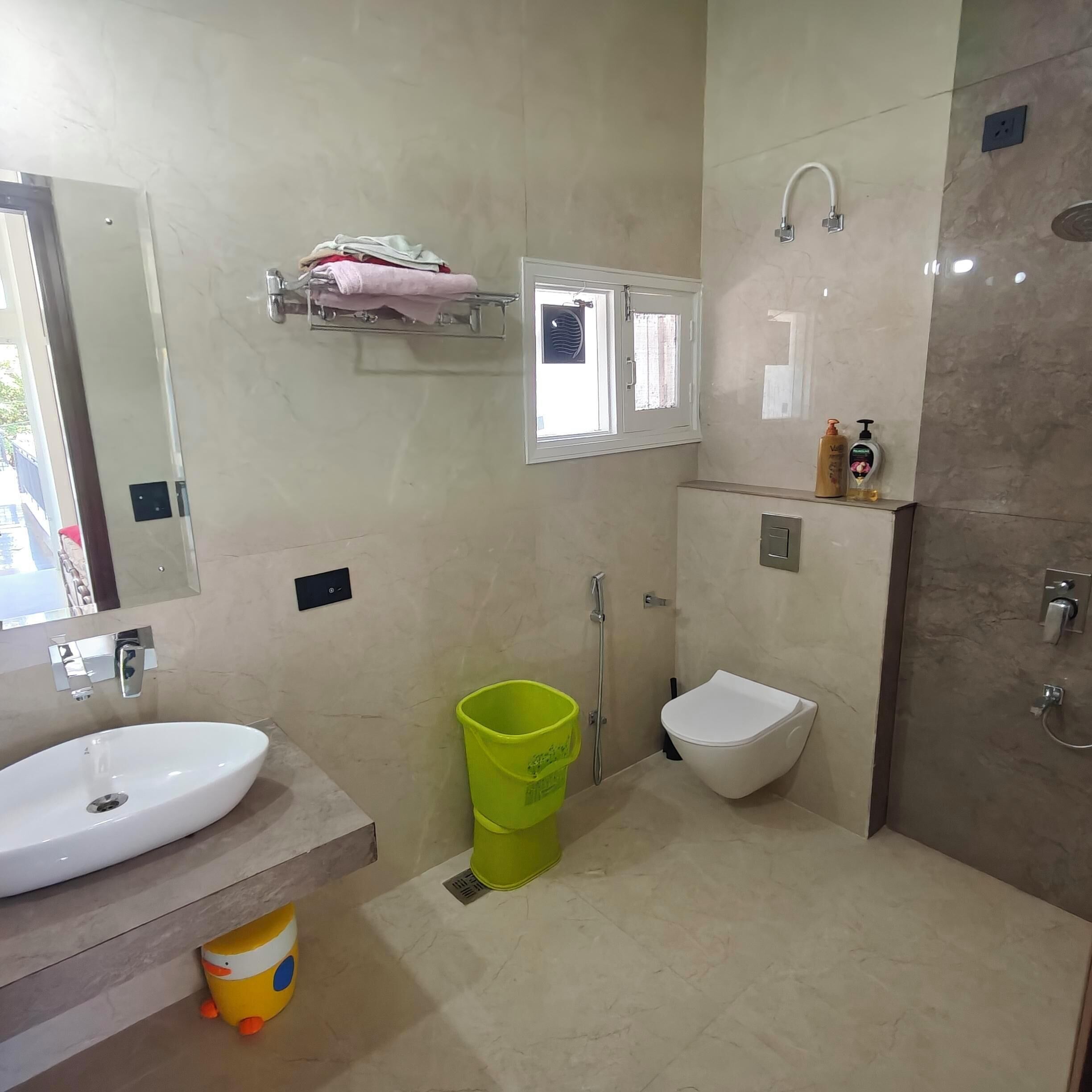 Hair dryer, towels, soap, shampoo