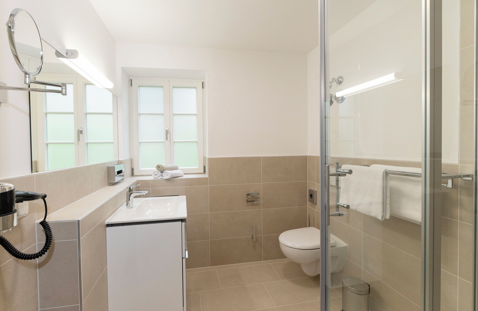 A modern bathroom with a glass shower enclosure, a white sink, and a toilet.