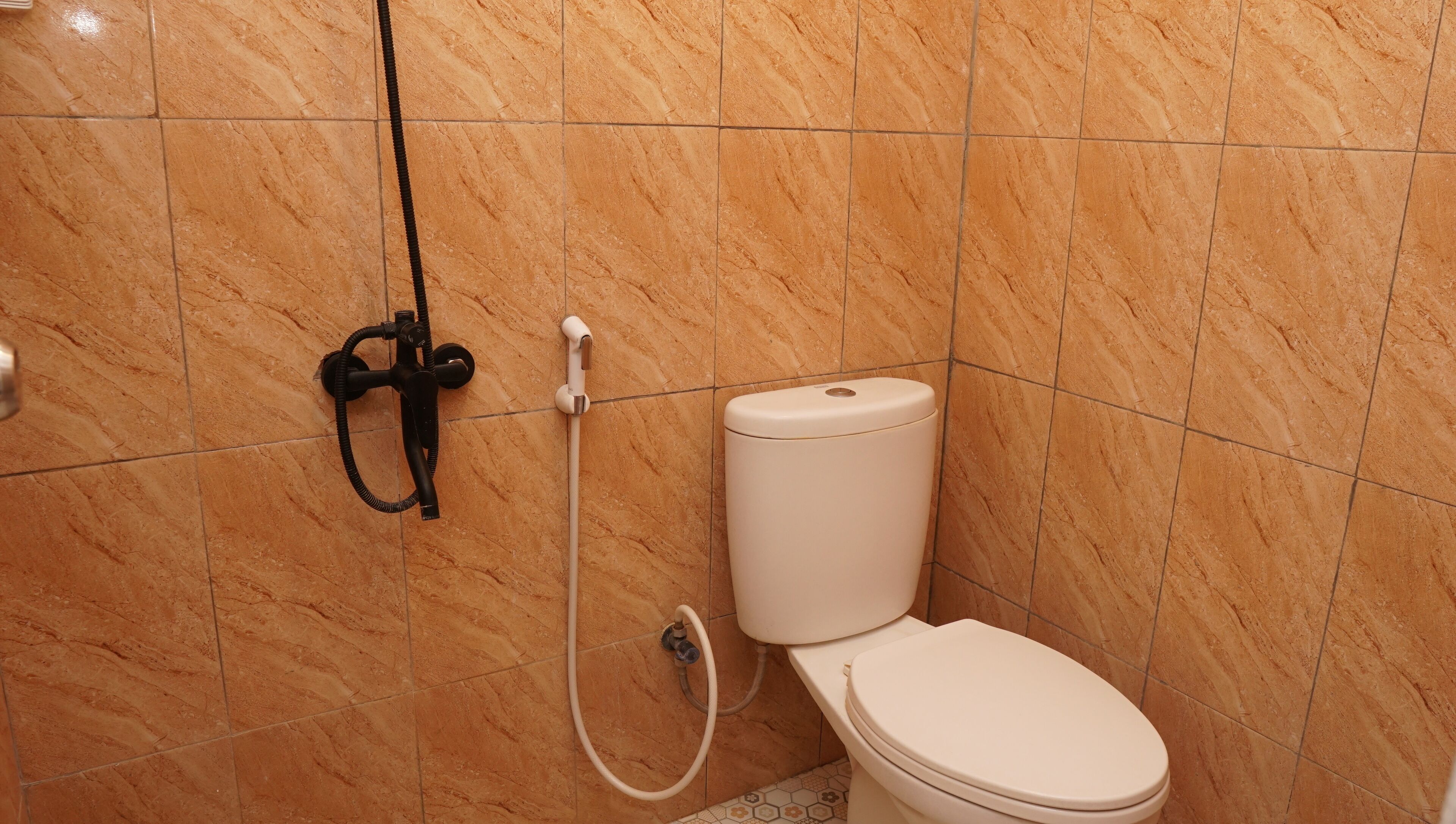 Un baño con inodoro, cabezal de ducha y manguera.