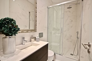 Shower, hair dryer, bidet, towels